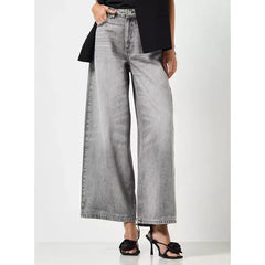 MAX FASHION Plain Full Length Wide Leg Jeans-Gray