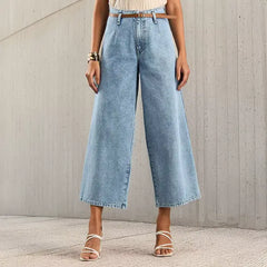 MAX FASHION Plain Denim Culotte with Belt-Blue