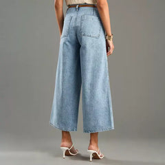 MAX FASHION Plain Denim Culotte with Belt-Blue