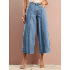 MAX FASHION Plain Pintuck Detail Wide Leg Cropped Jeans-Blue