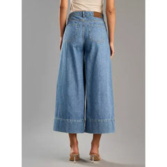 MAX FASHION Plain Pintuck Detail Wide Leg Cropped Jeans-Blue