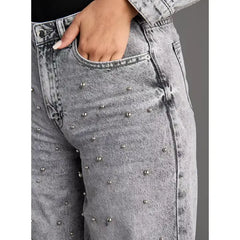 MAX FASHION Embellished Wide Leg Cropped Jeans-Gray