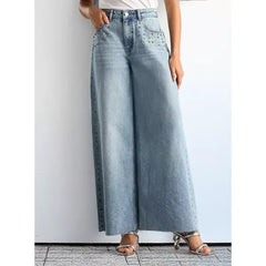 MAX FASHION Embellished Wide Leg Jeans with Pockets-Gray