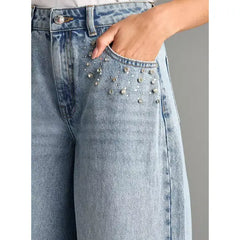 MAX FASHION Embellished Wide Leg Jeans with Pockets-Gray