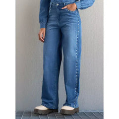 MAX FASHION Studded Wide Leg Jeans-Blue