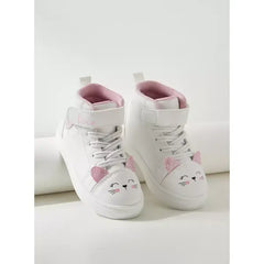 Cat Applique Hi-Top Sneakers with Hook and Loop Closure White