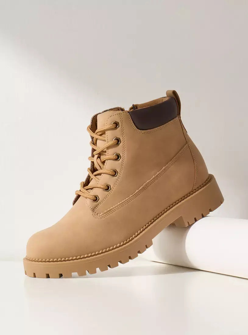 MAX FASHION Plain Ankle Boots with Lace Detail and Zip Closure-Brown