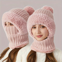 EIMELI 3-in-1 Winter Beanie with Ear Flaps, Neck Warmer & Face Mask - Fleece-Lined Knit Hat for Women