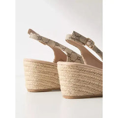 MAX FASHION Printed Slingback Sandals with Wedge Heels and Buckle Closure-Beige