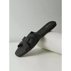 MAX FASHION Glitter Textured Cross Strap Slip-On Sandals-Black
