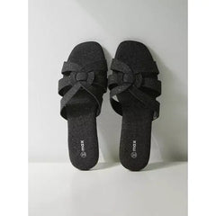 MAX FASHION Glitter Textured Cross Strap Slip-On Sandals-Black