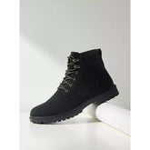 Textured | Ankle Boots with Lace-Up Closure - Black