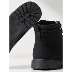 Textured | Ankle Boots with Lace-Up Closure - Black