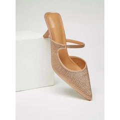 MAX FASHION Embellished Pointed Toe Mules with Stiletto Heels-Gold