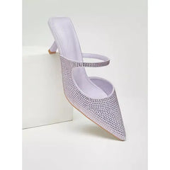 MAX FASHION Embellished Pointed Toe Mules with Stiletto Heels-Purple