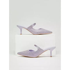 MAX FASHION Embellished Pointed Toe Mules with Stiletto Heels-Purple