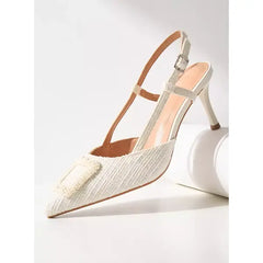 MAX FASHION Embellished Pointed Toe Pumps with Slingback and Stiletto Heels-White