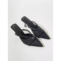 MAX FASHION Embellished Slip-On Pointed Toe Sandals with Stiletto Heels-Black