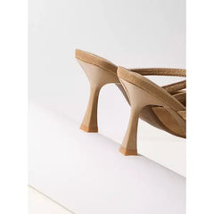 MAX FASHION Embellished Slip-On Pointed Toe Sandals with Stiletto Heels-Brown