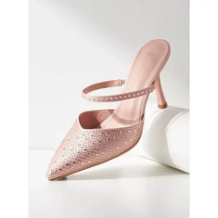 MAX FASHION Embellished Pointed Toe Mules with Stilleto Heels-Pink