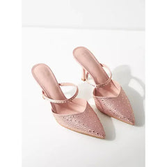 MAX FASHION Embellished Pointed Toe Mules with Stilleto Heels-Pink