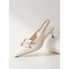 MAX FASHION Floral Detail Slingback Kitten Heel Shoes-Cream