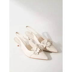 MAX FASHION Floral Detail Slingback Kitten Heel Shoes-Cream