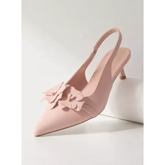 MAX FASHION Floral Detail Slingback Kitten Heel Shoes-Pink