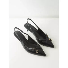 MAX FASHION Buckle Accent Slingback Shoes with Kitten Heels-Black