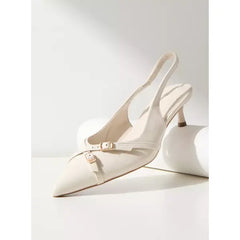 MAX FASHION Buckle Accent Slingback Shoes with Kitten Heels-White