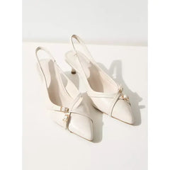 MAX FASHION Buckle Accent Slingback Shoes with Kitten Heels-White