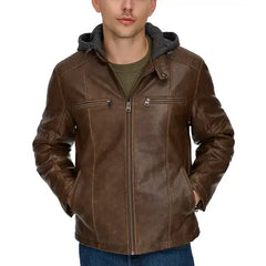 Men's Faux-Leather Hooded Zip Jacket