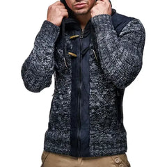 Men's Knit Zip-up Jacket With Geometric Patterns and Leather Accents