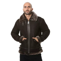 Men's Shearling Biker Jacket, Vintage Like Camel with Beige Curly Wool