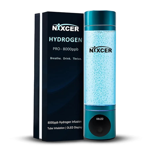 Nixcer Hydrogen Pro Water Bottle – 8000PPB H2, SPE/PEM, OLED Display, Dual Mode (5/10 Min), USB-C Rechargeable – Portable Hydrogen Generator for Wellness, Recovery, Gym & Gift - Turquoise,Black & Silver