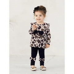 Patpat Baby Girl Clothes 3pcs Leopard Ruffle Top and Leggings with Headband Set Apricot