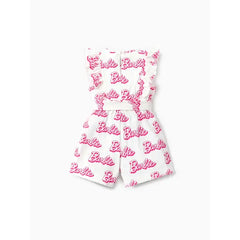 PATPAT Barbie Toddler Girl Cotton Letter Print Ruffled Belted Rompers Multicolor