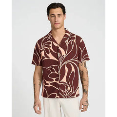 Express Abstract Contrast Linen Blend Short Sleeve Shirt