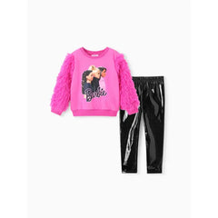 PATPAT Barbie Clothing Toddler/Kid Girl 2pcs Cotton Character Plush Long-sleeve Top And Leather Leggings Set Pink