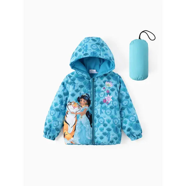 PATPAT Disney Princess Toddler Girl 2pcs Cindere/Belle/Ariel Heart/Dots/Gradient Print Hooded Puffer Jacket Coat With Storage Bag Green