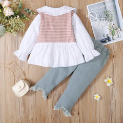PATPAT 2-piece Toddler Girl Doll Collar Tweed Splice Long-sleeve Top and Ripped Hem Denim Jeans Set