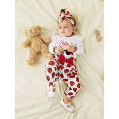 Patpat Baby Girl Clothes 3pcs Ladybug Letter Print Romper and Bowknot Trousers with Headband Set