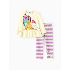 PATPAT Disney Princess Toddler Girl 2pcs Character Print Peplum Long-sleeve Tee and Stripe Pants Set Yellow