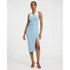 Express Stretch Denim Mixed Media Belted Midi Sheath Dress