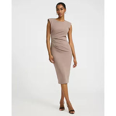 Express Crepe Crew Neck Cap Sleeve Ruched Midi Sheath Dress