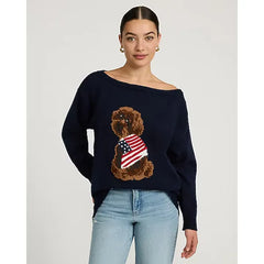 Express American Flag Dog Off The Shoulder Sweater