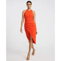 Express Crepe Halter Sleeveless Pleated Wrap Midi Sheath Dress