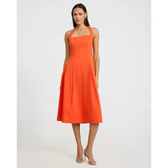 Express Poplin Tie Halter Square Neck Seamed Midi Dress with Pockets