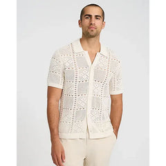 Express Textured Crochet Cotton Short Sleeve Sweater Polo
