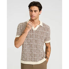 Express Textured Boucle Geo Tile Print Johnny Collar Sweater Polo